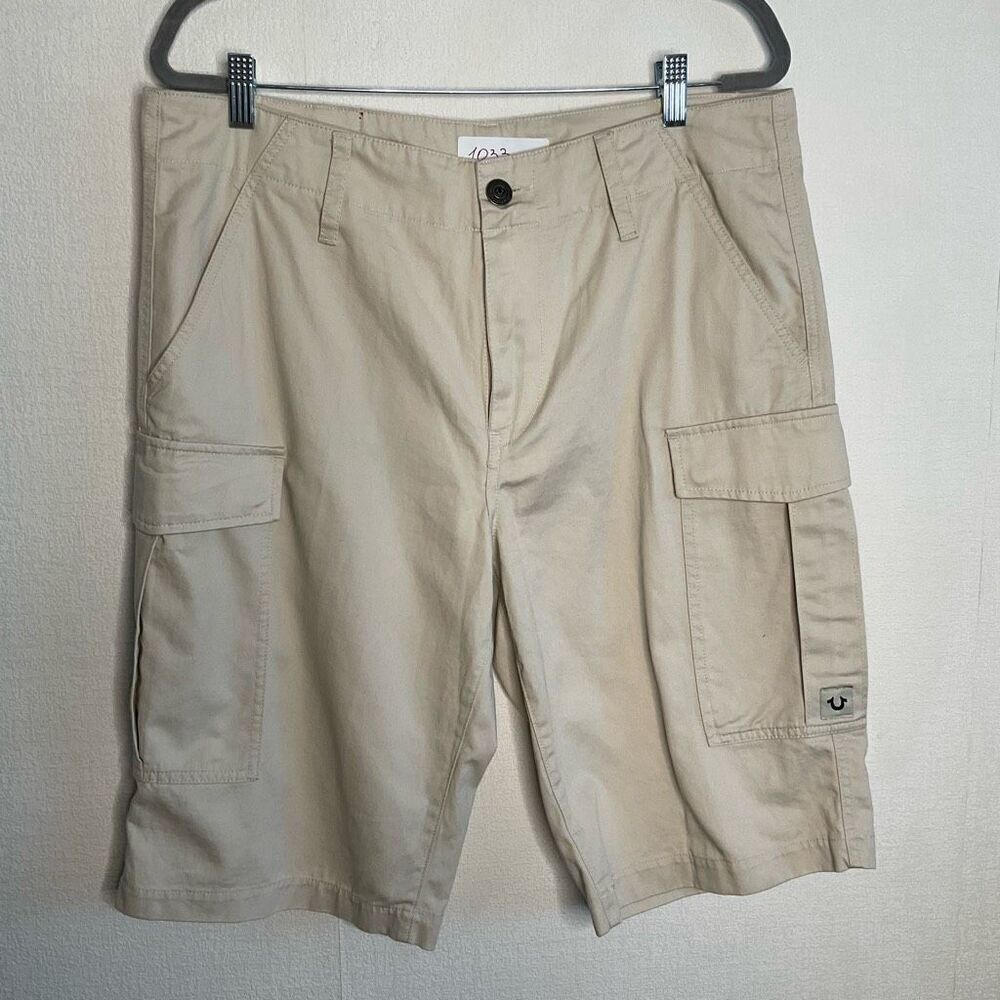 True Religion Cargo Shorts Men 33 Khaki Tan Baggy Hi Rise Casual 33x12